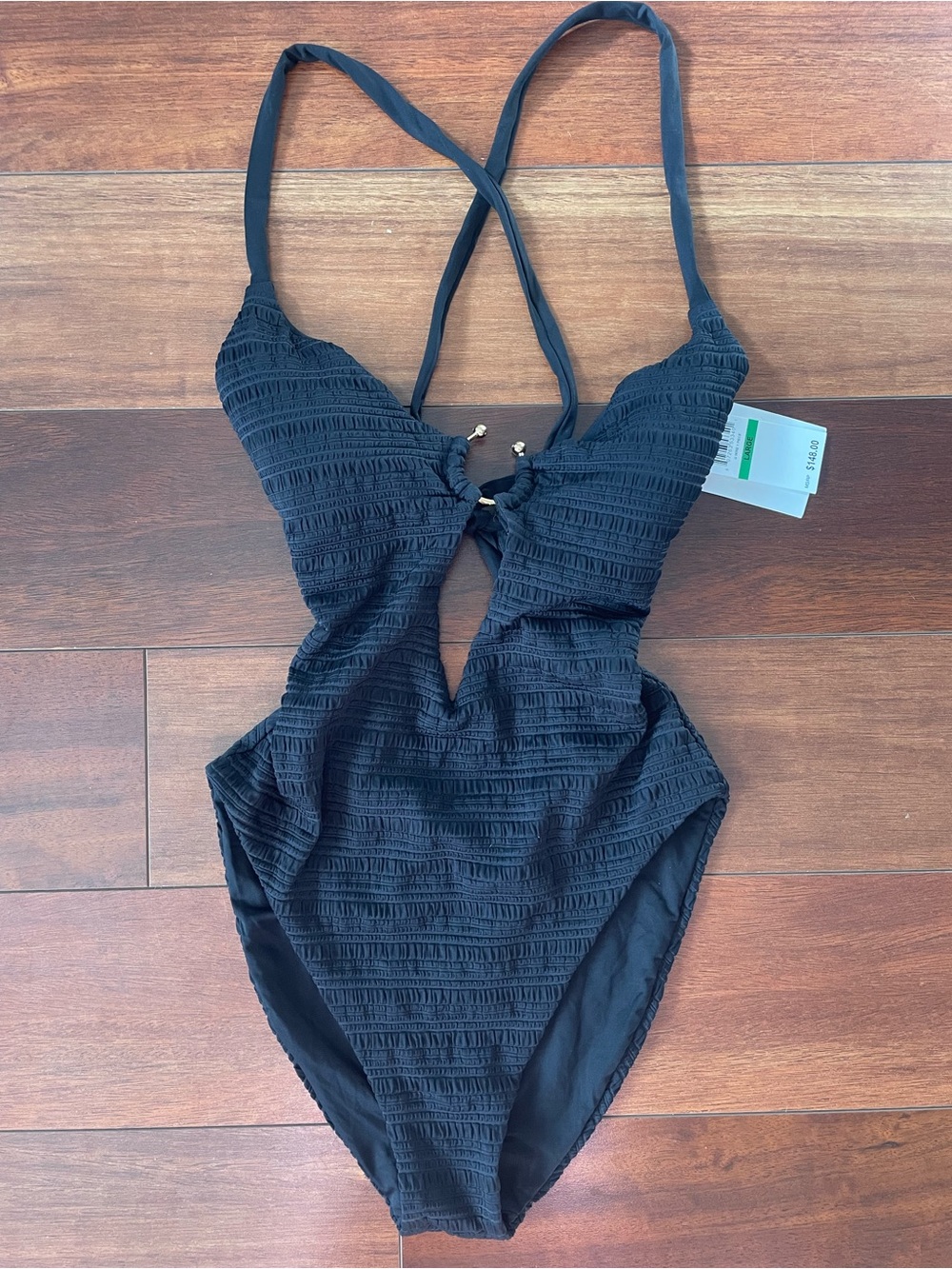 BECCA U Bar Textured deep V-Neck One-Piece | size L | NWT & hygienic liner